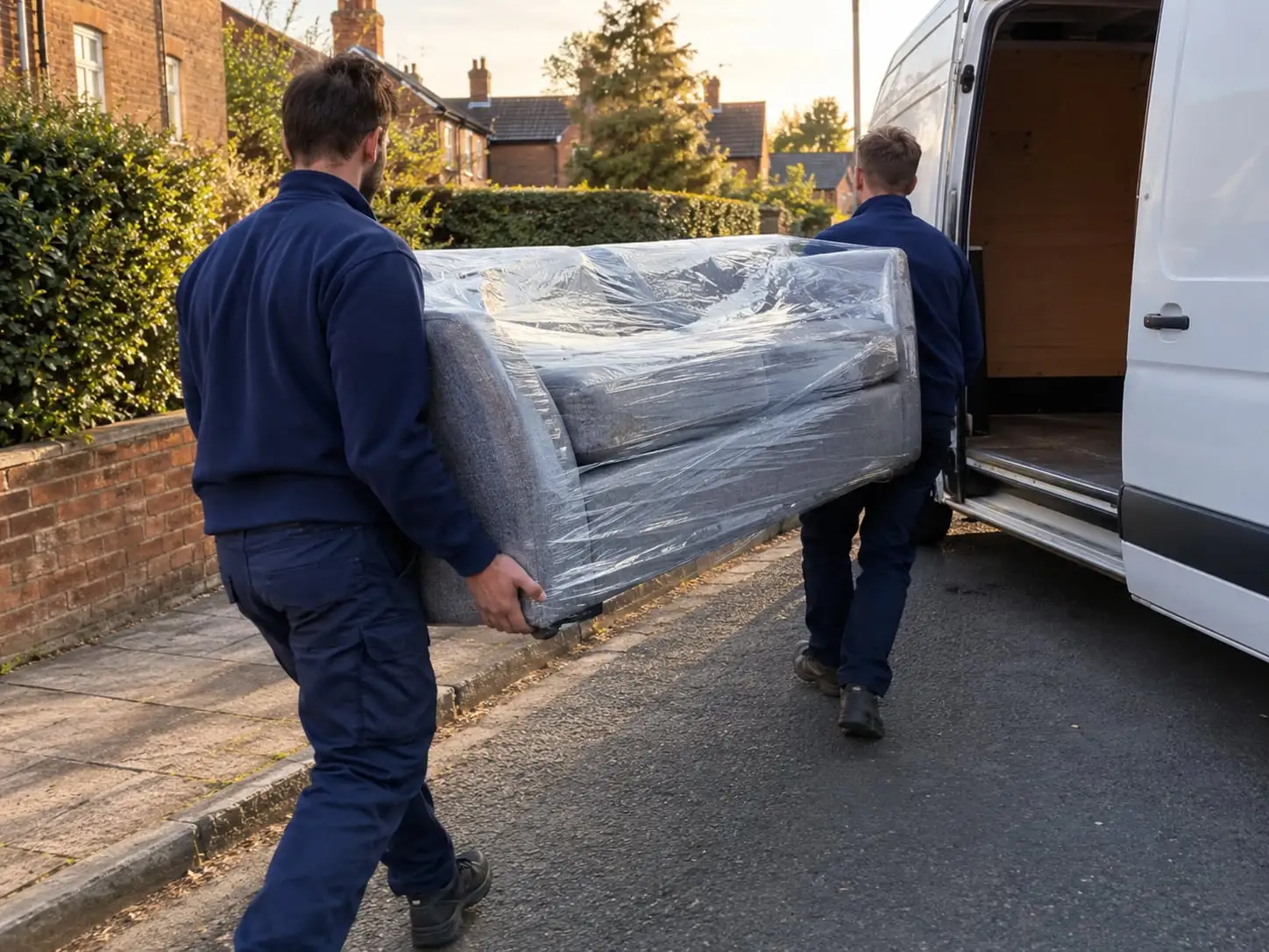 Two movers carrying a wrapped sofa to a white van