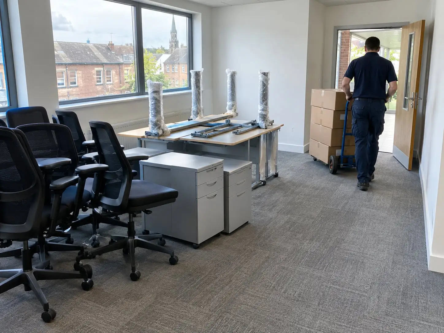 Office chairs, desk pedestals and boxes ready to move out of an emptied office
